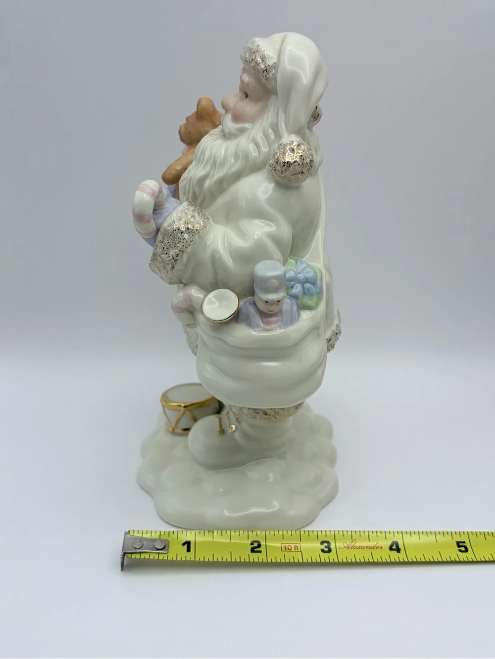 Lenox Santa Figurine, Violet/Gold Trim, Sack of Toys, Teddy Bear, Drum. So cute!